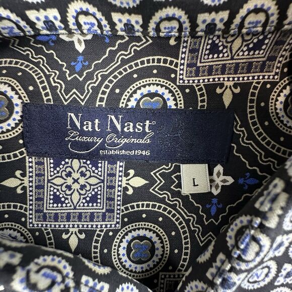 Nat Nast Shirt Men Large Blue Geometric 50 CLOCK CLUB Silk Bowling Hipster Shirt - Picture 7 of 10